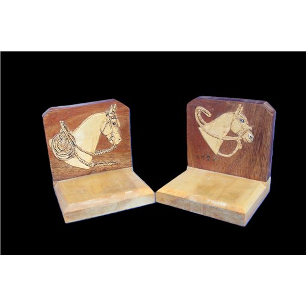 Carved Wooden Horsehead Book Ends Marked EM 11- 5" X 4.5"- Ernie Morris Collection
