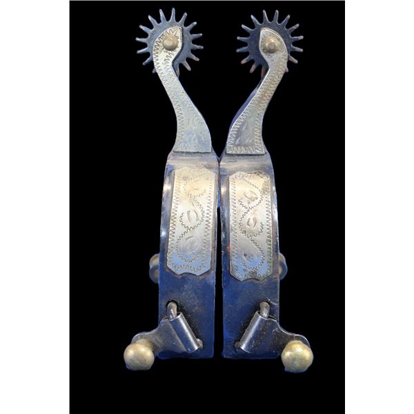 Overlaid Gooseneck Spurs- 1" Bands- 2.25" Shanks- 1.25" 16 Point Rowels- Swing Buttons- Fair Conditi