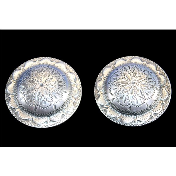 Marked Sterling Kuston Kran Domed, Engraved 1.75" Loopback Conchos- Ernie Morris Collection