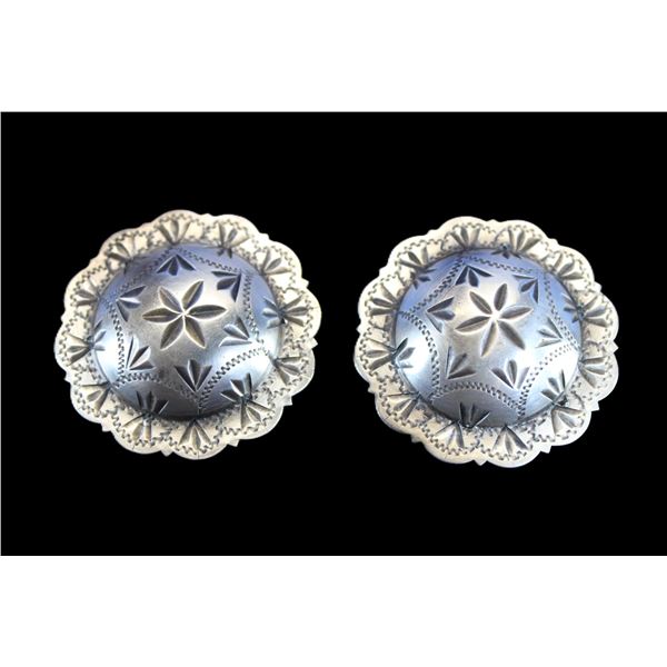 Marked Sterling Domed, Engraved, Scalloped 1.25" Loopback Conchos- Ernie Morris Collection