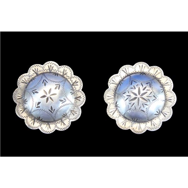 Marked Sterling Engraved, Domed, Scalloped 1.75" Loopback Conchos- Ernie Morris Collection