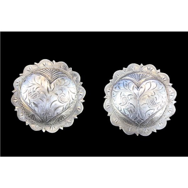 Unmarked Sterling Engraved, Domed, Scalloped 1.75" Loopback Heart Conchos- Ernie Morris Collection