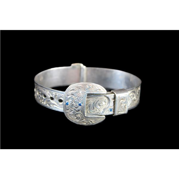 Unmarked Engraved Sterling Bracelet With Sapphires- Adjustable- Ernie Morris Collection