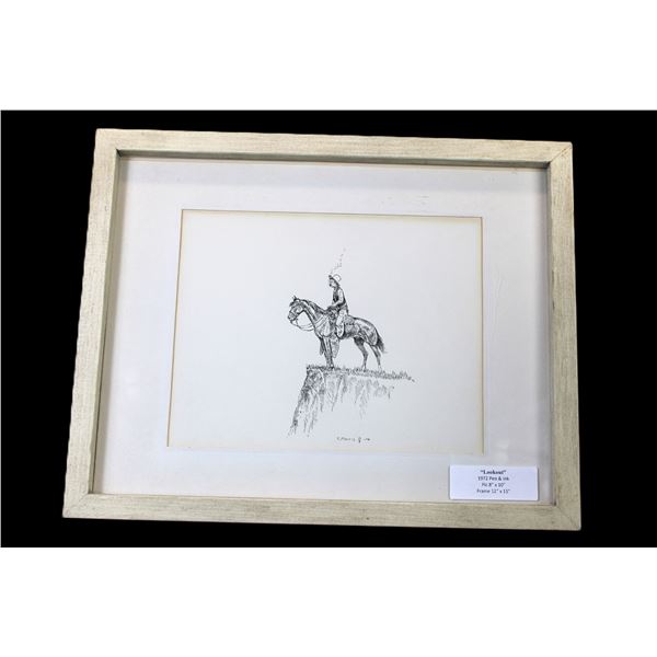 Marked E Morris 72 Original Pen And Ink- "Lookout"- 12" X 15"