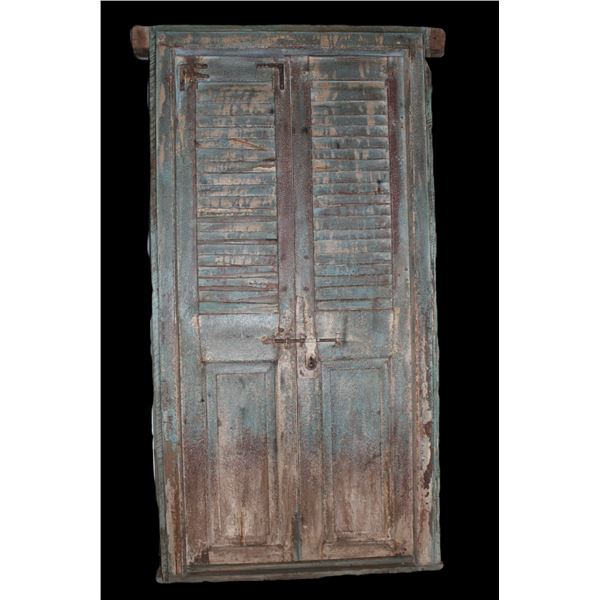 2 Heavy Duty Wooden Doors And Frame- Hand Forged Hardware- Great Patina- Complete Unit- 93" X 47"