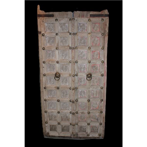 2 Primitive Carved Doors That Have Been Nailed Together To Make A Decorative Panel- Good Patina- 66"