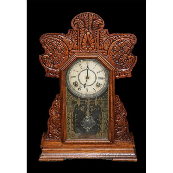 Carved Oak Inlaid Mantle Clock- Key- 22" X 15"