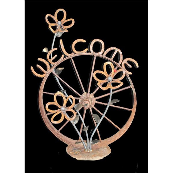 Iron Wheel, Horseshoe, And Rebar Cowboy Art Sculpture- 31.5" Wheel