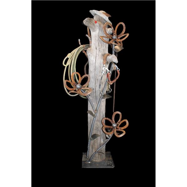 Weathered Tree And Rebar Cowboy Art Sculpture- Branding Iron- Horseshoe- Hackamore- Lariat- 54"H