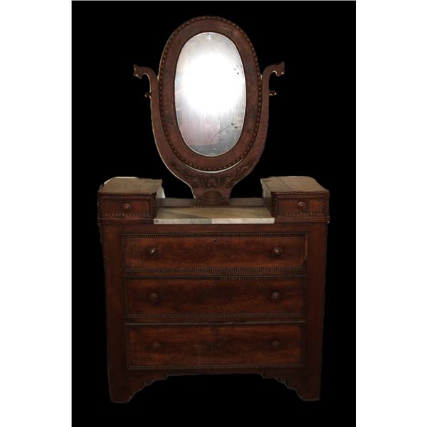 Marble Topped Carved Oak Dresser With Mirror- Fair Condition- 40" X 41" X 19"