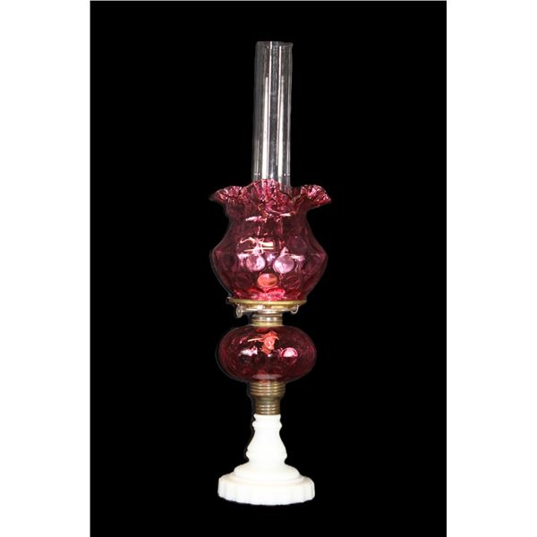 US Made Kerosene Lamp With Cranberry Glass