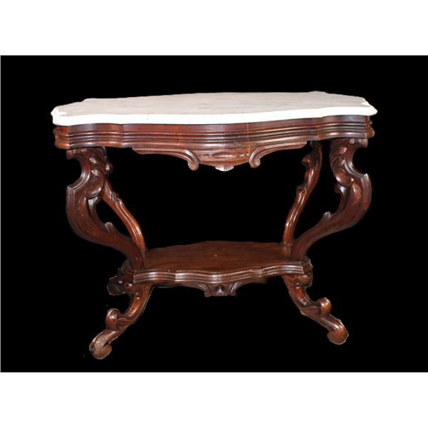Carved Mahogany Marble Topped Side Table- 27" X 35"- 22"- Very Good Condition