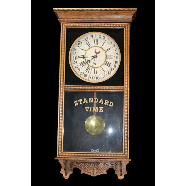 WM L Gilbert Clock Co Wall Clock- Oak- Carved- Key- Very Good Condition- 37" X 16.5" X 4.5"