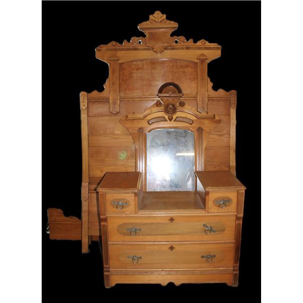 Blonde 2 Piece Bedroom Set With Birds Eye Maple Inlays- Drawer Dresser With Mirror- Original Hardwar