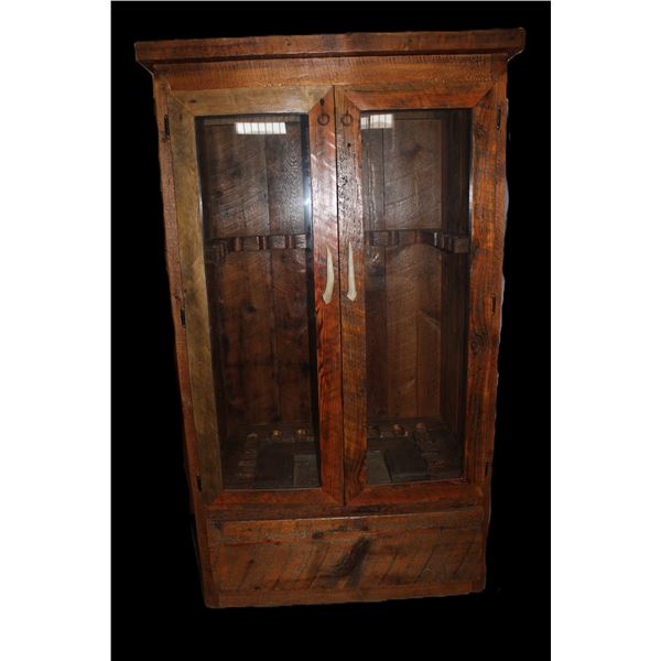 Large Hand Made Rough Cut Lumber Gun Cabinet- Drawer- Fits 14 Long Guns- Antler Pulls- 74" X 43"- 25