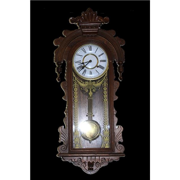 Carved Inlaid Wall Clock- Key- Works- 36" X 14" X 5.5"- Good Condition