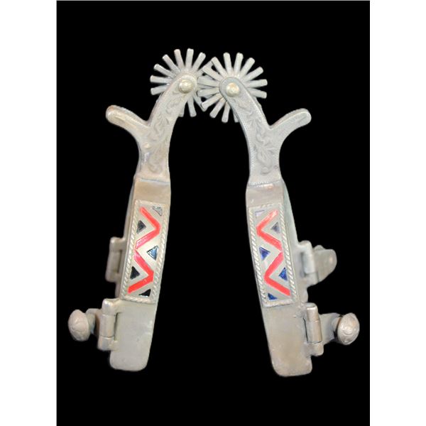 Marked Colorado Overlaid Spurs- .75" Bands- 2" Shanks- 1.25" 16 Point Rowels- Chap Guards- Swinging 