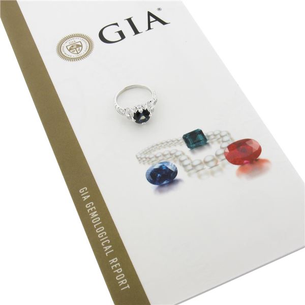 Platinum GIA Greenish Blue Round Sapphire Solitaire Ring w/ Diamond Ribbon Sides