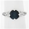 Image 2 : Platinum GIA Greenish Blue Round Sapphire Solitaire Ring w/ Diamond Ribbon Sides