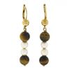 Image 1 : Vintage 10K Yellow Gold 7mm Round Bead Tiger's Eye & Pearls Drop Dangle Earrings