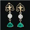 Image 2 : Vintage 14k Gold 1.28 ctw Trillion Emerald & Diamond Fleur De Lis Enamel Earring