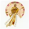 Image 4 : Retro Vintage 14k Gold Citrine Flower Red Stone Pearl Bow Ribbon Brooch Pendant