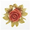 Image 3 : Vintage GIA NO DYE Carved Rose Coral Pin Brooch w/ 18k Gold Textured Leaf Frame