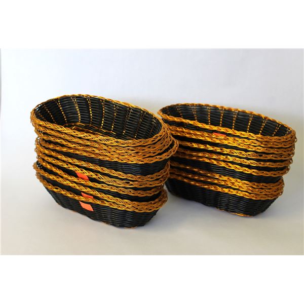 (18 Pieces) New Black and Gold Poly Woven Baskets - Oval L: 9" W: 7" H: 2.75"