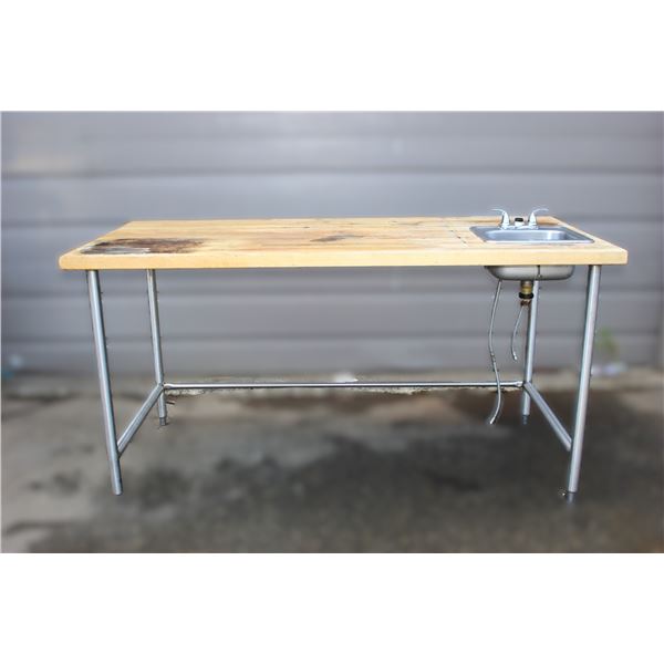 Used Wooden Work Table with Stainless Steel Sink