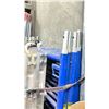 Image 2 : 3 SECTION BLUE INDUSTRIAL SCAFFOLDING INCLUDING 6 UPRIGHTS, 2 WALK PLANKS, CROSS BRACES, EXTENSION