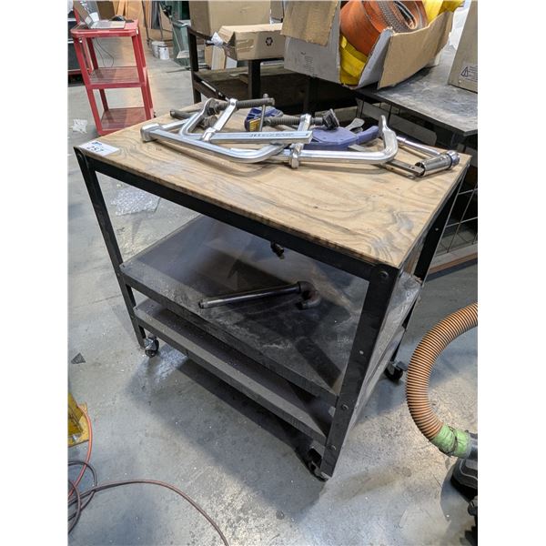 MOBILE WOOD TOP SMALL WORK TABLE WITH ASSORTED CLAMPS