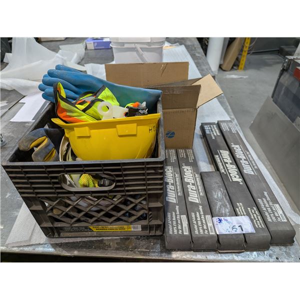 5 DURA-BLOCKS, CRATE WITH HARDHATS, SAFETY VESTS, GLOVES & BOX OF ASSORTED TOOLS & ACCESSORIES