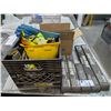 Image 1 : 5 DURA-BLOCKS, CRATE WITH HARDHATS, SAFETY VESTS, GLOVES & BOX OF ASSORTED TOOLS & ACCESSORIES