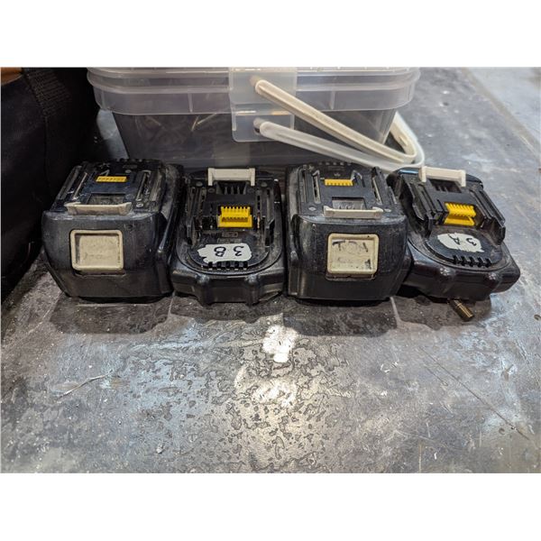 TOOL BAG OF ASSORTED TOOLS, 4 MAKITA BATTERIES, BIN OF SCREWS, GLOVES & MORE