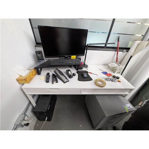 WHITE DESK WITH CONTENTS, COMPUTER, ACER MONITOR, WIRELESS KEYBOARD, WIRELESS MOUSE