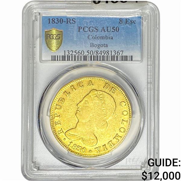 1830-RS Colombia Gold Bogota 8 Esc PCGS AU50