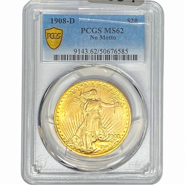 1908-D $20 Gold Double Eagle PCGS MS62 No Motto