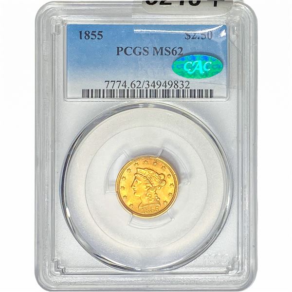 1855 CAC $2.50 Gold Quarter Eagle PCGS MS62