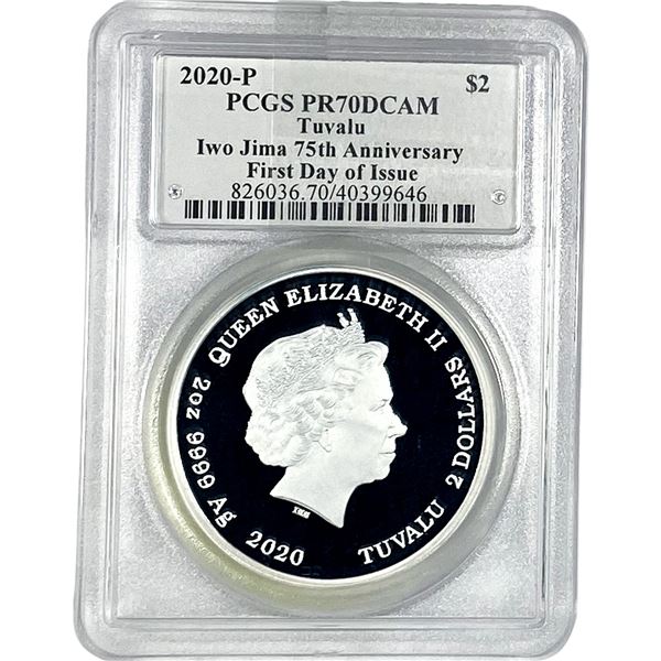 2020-P Tuvalu Iwo Jima 75th Anniv. 2OZ Silver $2 PR70 DCAM