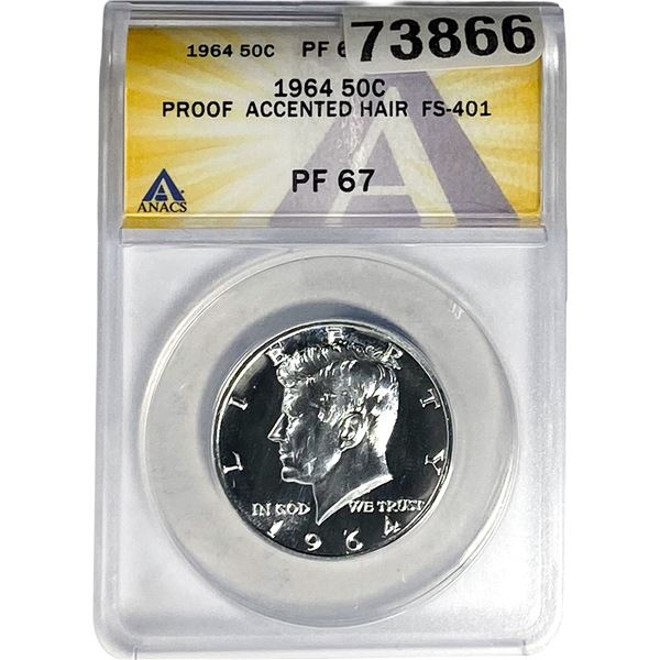 1964 Kennedy Half Dollar ANACS PF67 Accented Hair FS-401