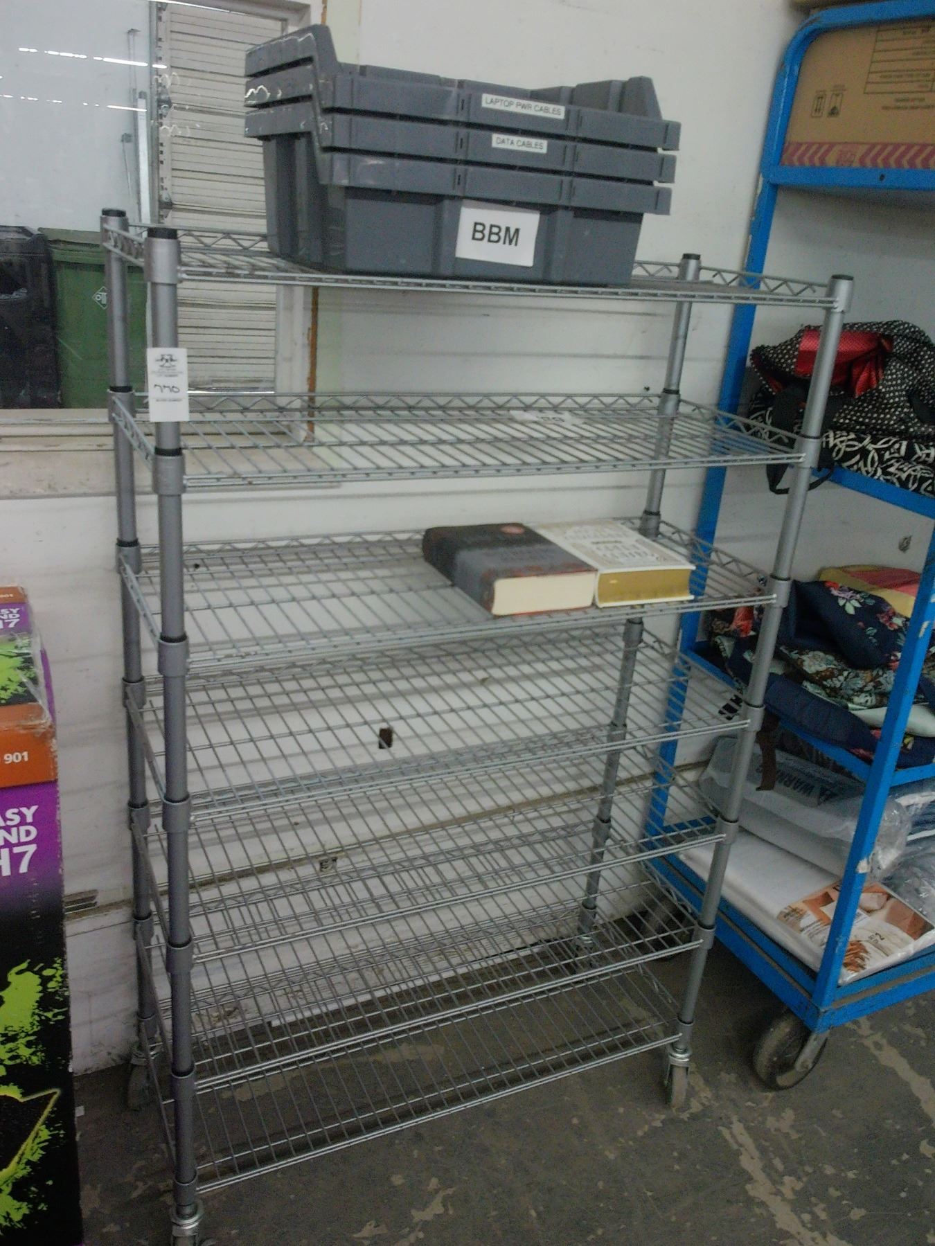 Grey Wire Storage Rack w/Parts Bin