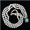 Image 1 : 14.5" 3 Row Pearl Strand Necklace w/ 10k Gold Turquoise Twisted Wire Push Clasp