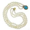 Image 5 : 14.5" 3 Row Pearl Strand Necklace w/ 10k Gold Turquoise Twisted Wire Push Clasp