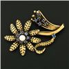 Image 3 : Vintage 14k Yellow Gold 1.20 ctw Sapphire & Pearl Detailed Flower Leaf Pin Brooc