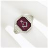 Image 3 : Antique 10K White Gold Bezel Set Red Stone w/ Detailed Sides Masonic Band Ring