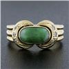 Image 2 : Vintage Petite 14K Yellow Gold Cabochon Green Jade & Diamond Grooved Band Ring