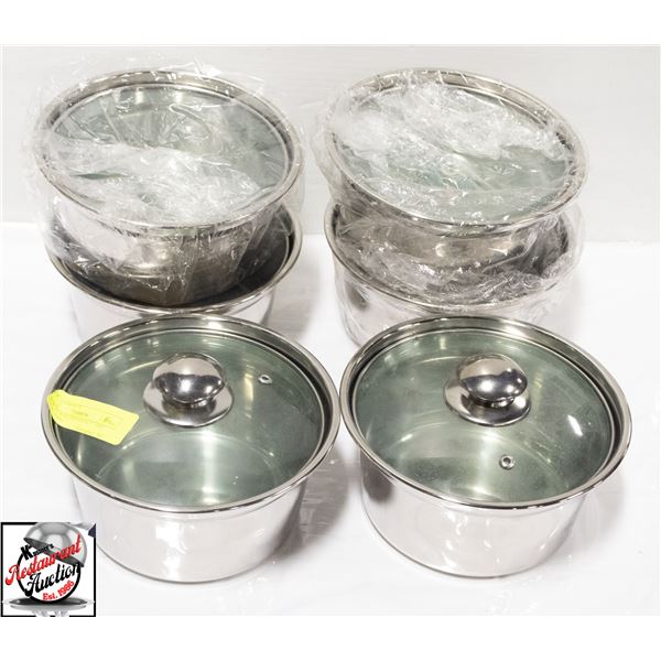 6 NEW STAINLESS STEEL 7" HOT POTS W/ LIDS
