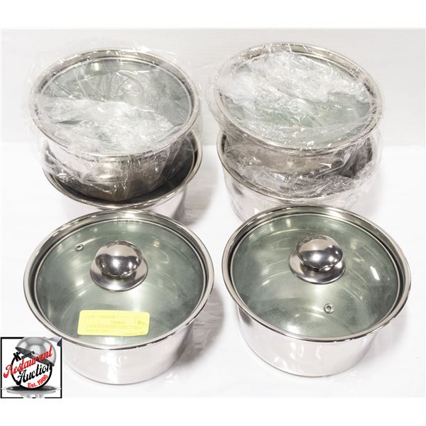 6 NEW STAINLESS STEEL 7" HOT POTS W/ LIDS