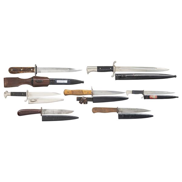7 WWII GERMAN BAYONETS & BOOT OR FIGHTING KNIVES.