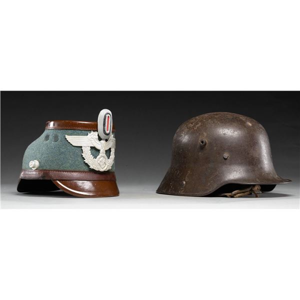 WWI GERMAN HELMET & WWII GERMAN POLICE SHAKO.